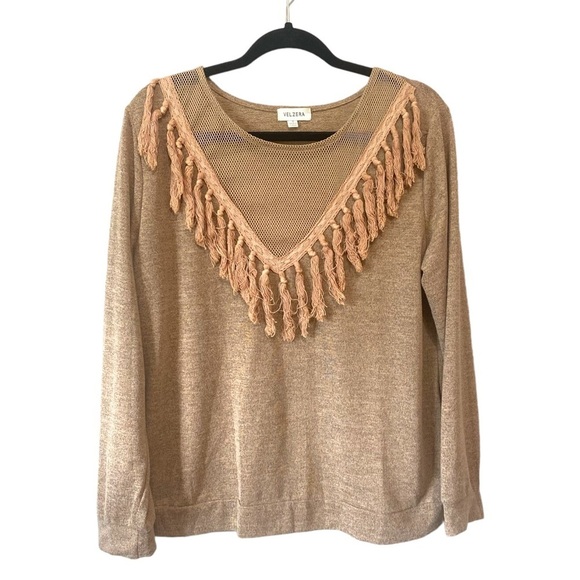 Velzera Boho Western Brown Mesh Fringe Pullover Blouse Shirt Size Small - Picture 1 of 8
